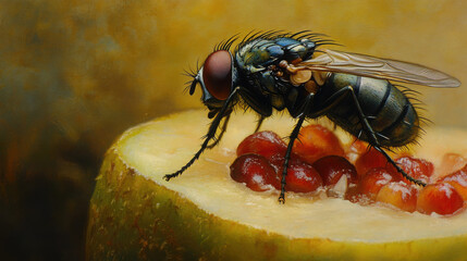 Close-up of a fly resting on a piece of fruit with fine details