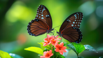 Fototapeta premium A pair of butterflies mating on a flower in a natural setting