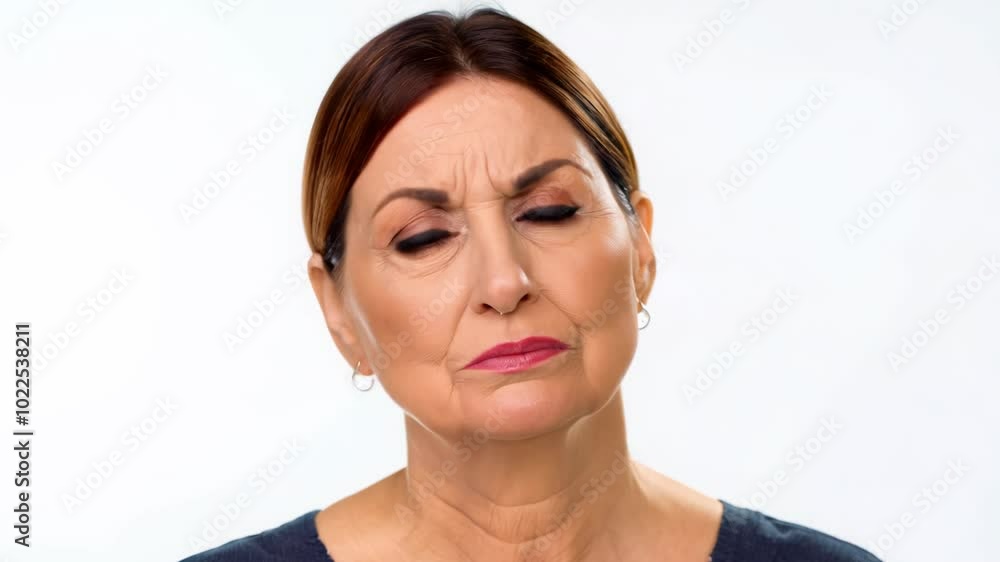 Poster Close-up static video of a middle-aged woman expressing skepticism with studio key light and a plain white backdrop.