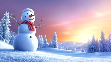 Obraz premium A snowman standing tall on a snow-covered hill, overlooking a frozen landscape bathed in the soft pink and orange hues of a winter sunset.