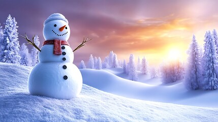 Obraz premium A snowman standing tall on a snow-covered hill, overlooking a frozen landscape bathed in the soft pink and orange hues of a winter sunset.