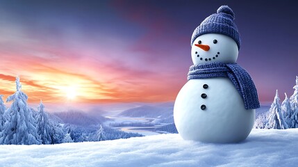 Fototapeta premium A snowman standing tall on a snow-draped hilltop, overlooking a valley filled with frozen rivers and snow-capped trees. The snowman wears a knitted hat and mittens,