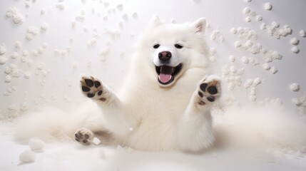 fluffy dog playing on white