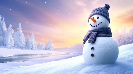 A snowman standing tall on a snow-draped hilltop, overlooking a valley filled with frozen rivers and snow-capped trees. The snowman wears a knitted hat and mittens,