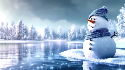 Obraz premium A snowman stands near the shore of a frozen lake, its body slightly slumped as if watching the still waters. The lake is framed by snow-covered rocks and trees, reflecting the overcast sky above.