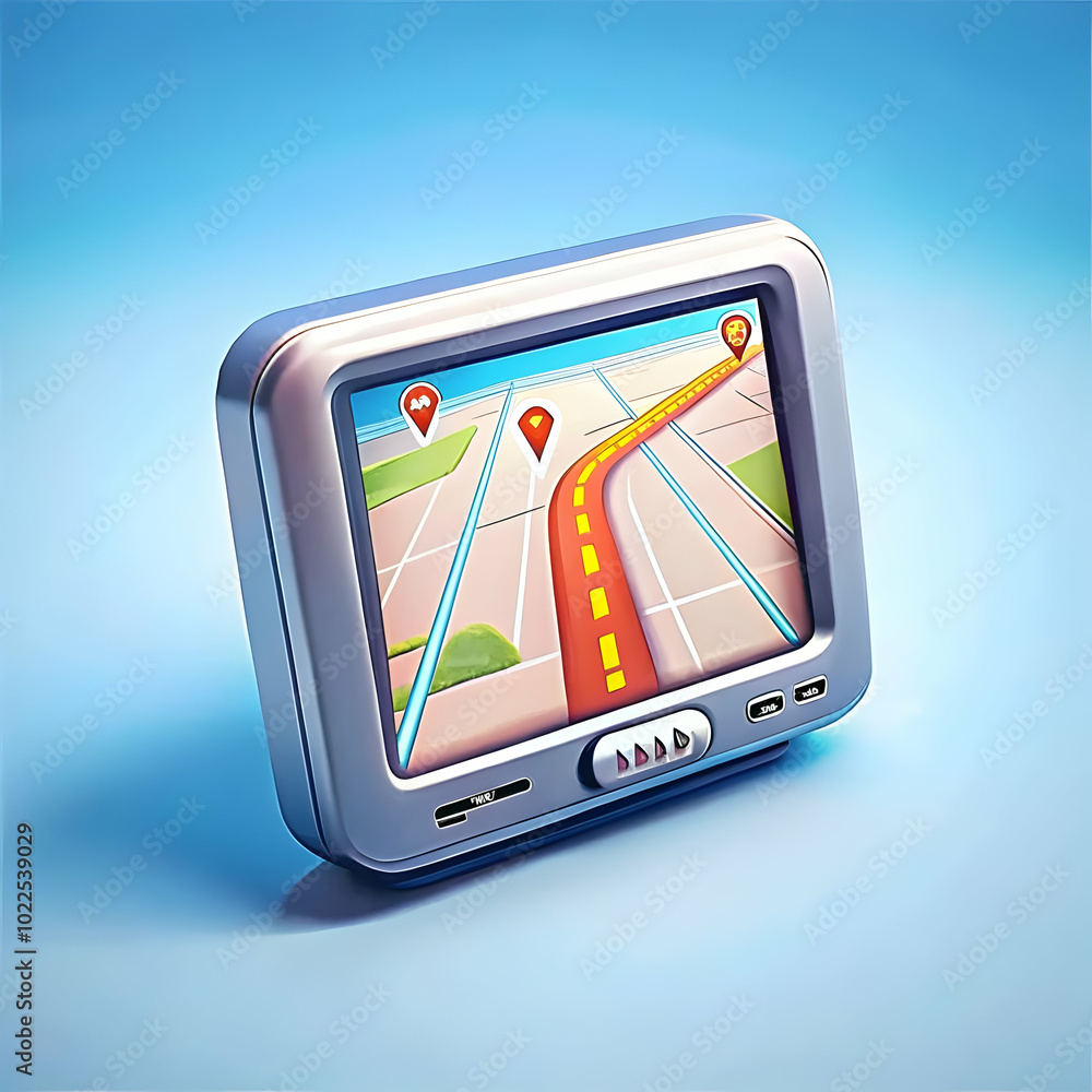Poster close up of glossy gps navigation device on plain background with ample copy space highlighting exci