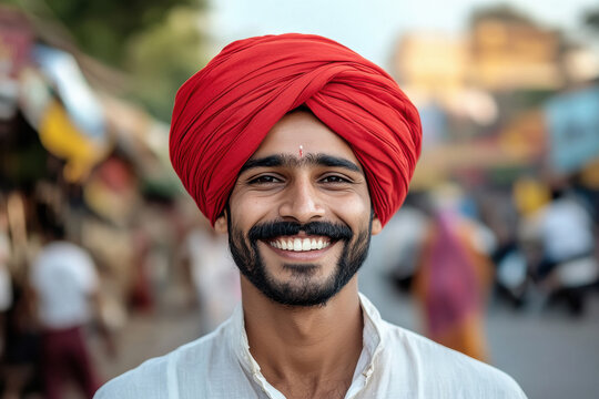 A smiling Indian man with a mustache wearing a traditional red turban and , front view, with an Indian street in the background.