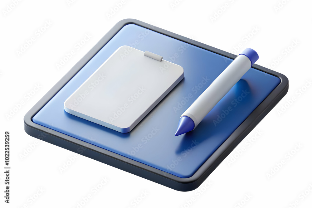 Poster modern workspace setup: tablet and stylus on plain background with copy space - creative and minimal