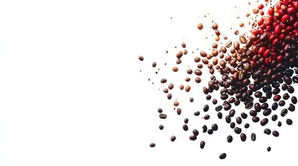 A dynamic arrangement of coffee beans scattered artistically against a white background.