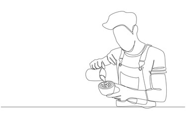 Continuous one line drawing of barista making latte art, barista and latte art, coffee shop concept, single line art.