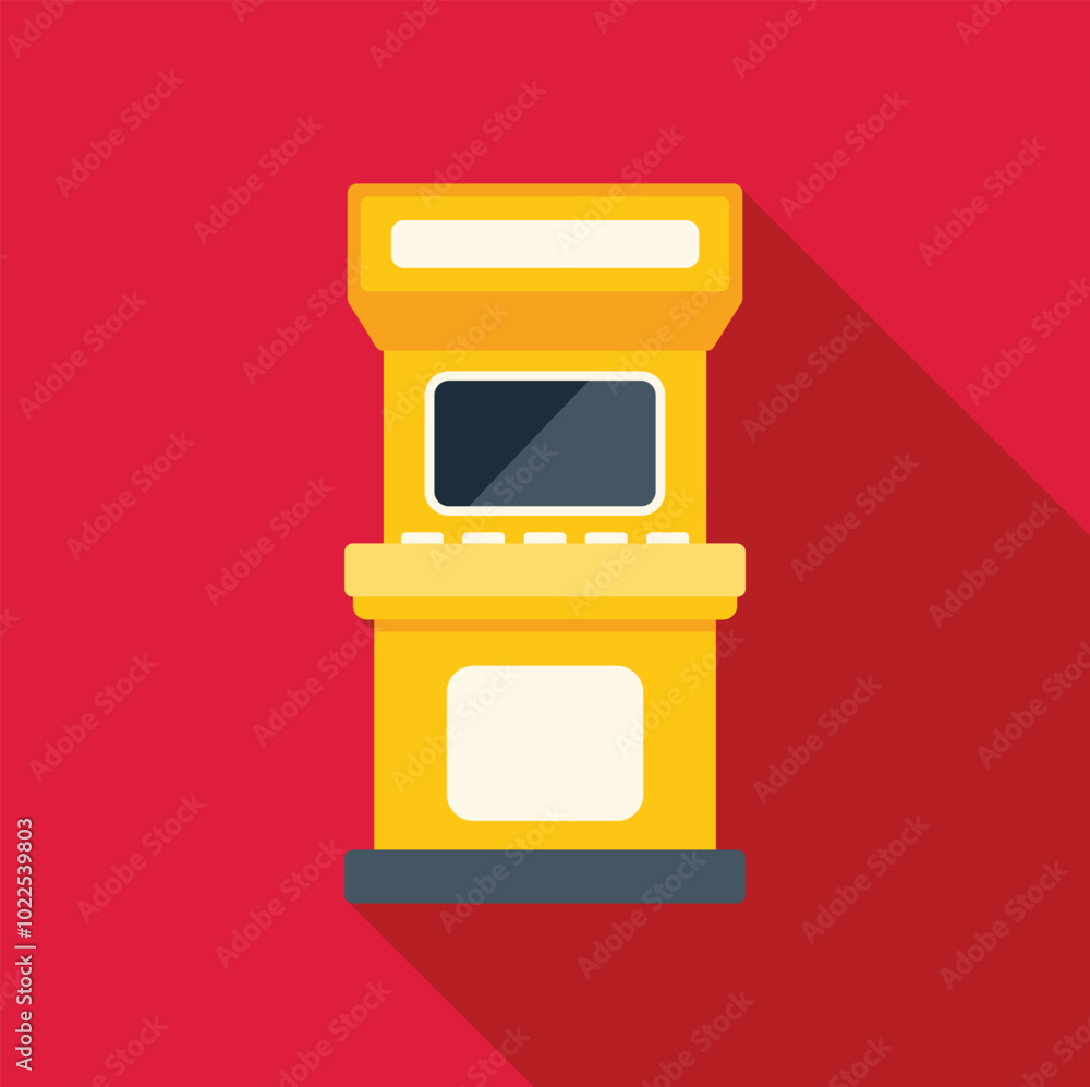 Aufkleber yellow arcade game machine with joysticks and buttons, on a red background with a long shadow