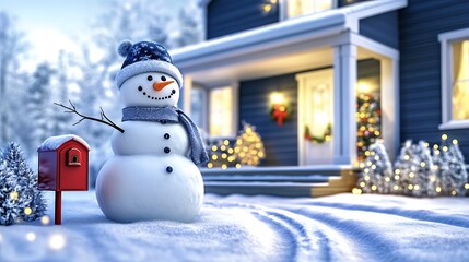 Obraz premium A snowman welcoming guests at the front steps of a cozy, snow-draped cottage, with a red mailbox and holiday decorations nearby. The cottage windows emit a soft golden glow,
