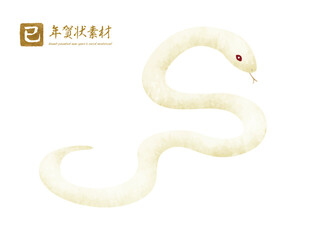 手書きタッチの白蛇の年賀状素材