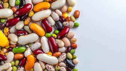 A colorful assortment of various beans arranged aesthetically on a light background.