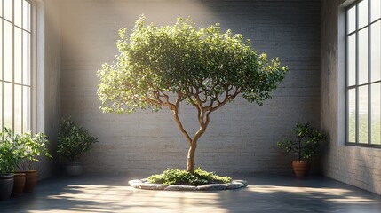 Fototapeta premium Indoor Tree with Sunlight Streaming Through Windows - Minimalist Interior Design