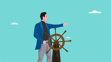 leadership skill to lead company success, direct or motivate, manager to motivate team or company to move forward, businessman controls the steering wheel of the ship to give direction to the team