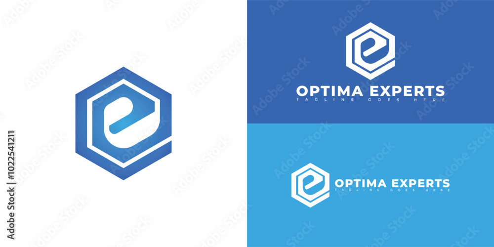 Poster modern hexagon initial vector letter eo or oe logo in blue color isolated on multiple background col