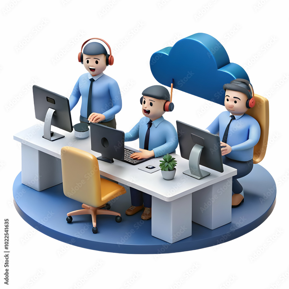 Poster candid photograph of an efficient cloud service support team assisting customers via phone and chat 