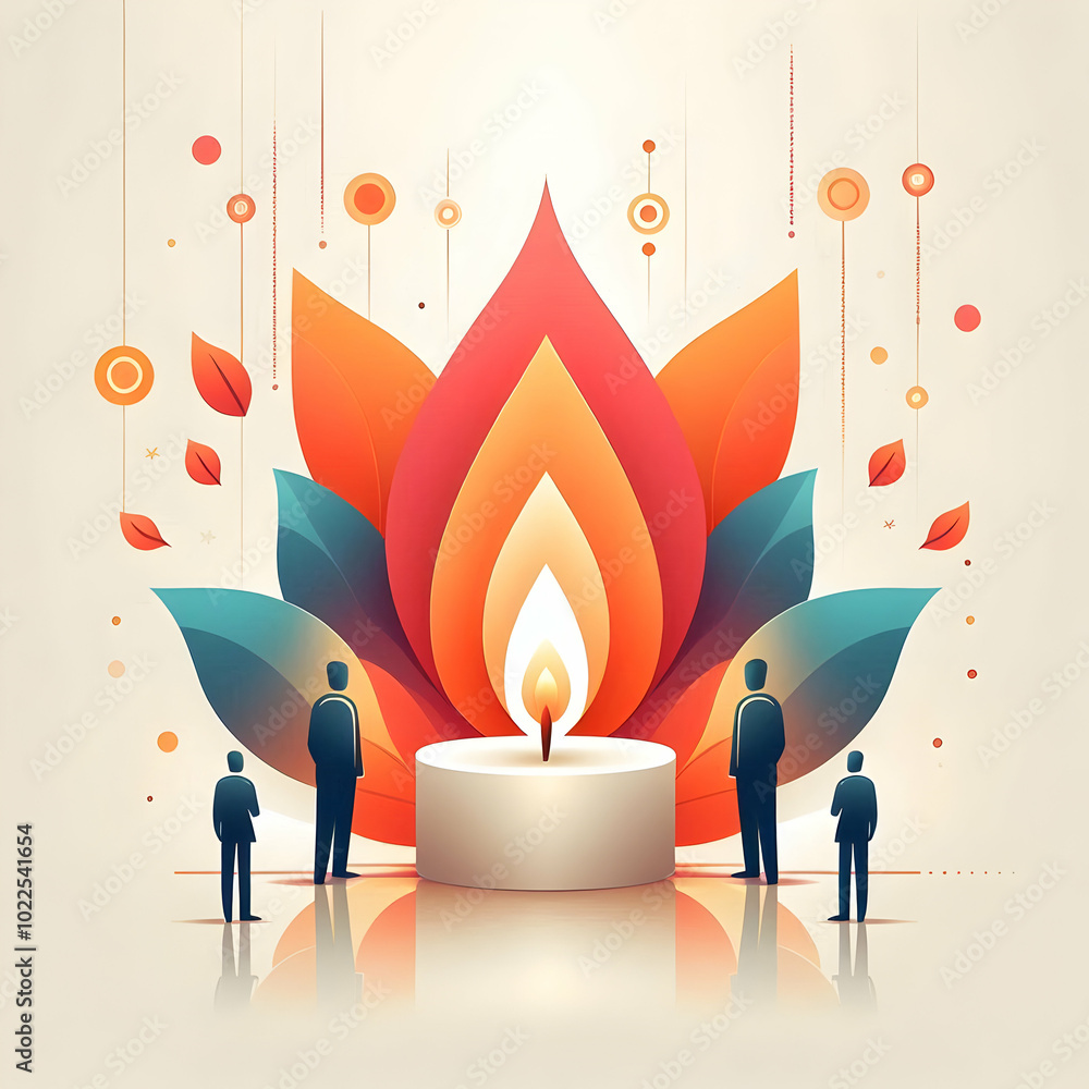 Poster minimalist abstract vector of glowing diwali candles with floating petals on white background - sere