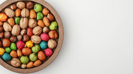 A wooden bowl filled with colorful assorted nuts and candies arranged on a white background.
