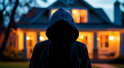 A male robber on the background of residential buildings with the lights on. A criminal robbery.