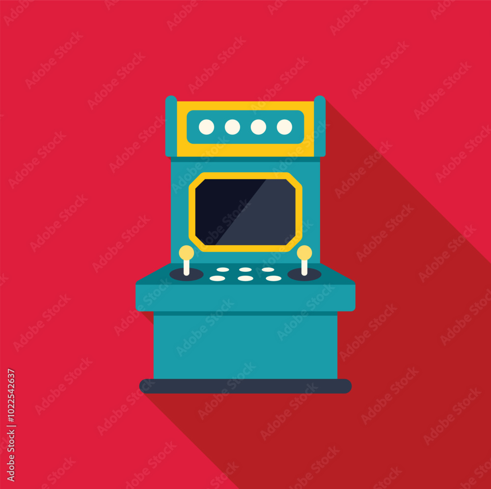 Poster arcade game machine displaying playing screen with joysticks and buttons