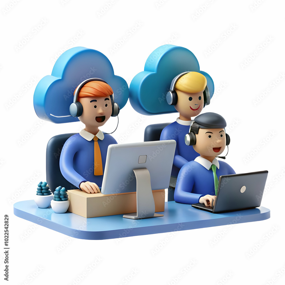 Poster professional cloud service support team assisting customers in open office environment with headsets
