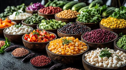 Colorful and diverse selection of fresh produce and legumes arranged in bowls