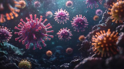 Colorful, detailed viruses floating in a dark, abstract space, captured at a microscopic level