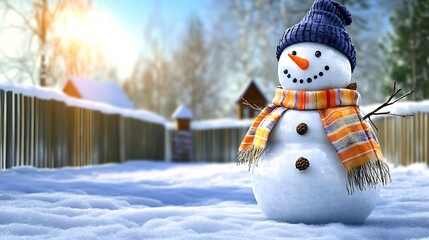 Obraz premium An eccentric snowman standing proudly in a snow-covered yard, featuring sticks for hair, an oversized scarf made of fabric scraps, and a broom hat. The snowman’s eyes are made from acorns,