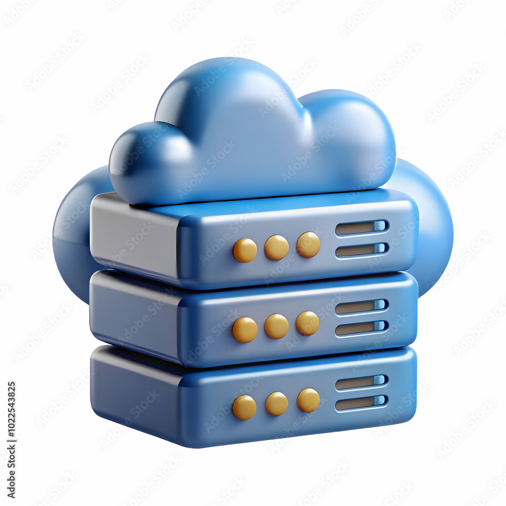 Poster camera captures glossy server racks adorned with cloud icons, showcasing cloud infrastructure develo