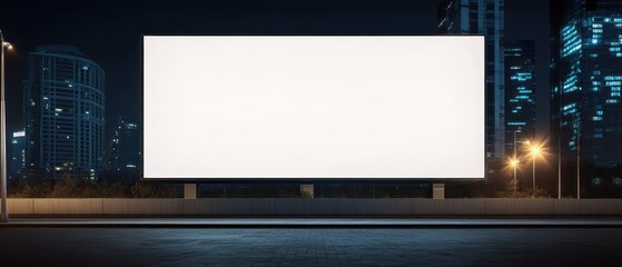 Blank Billboard on Futuristic Skyscraper at Night, Perfect for Advertising