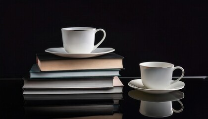 Fototapeta premium Minimalist Stack of Hardcover Books and Elegant Textured White Mug on Reflective Surface Against Dark Background for Cozy Reading Atmosphere
