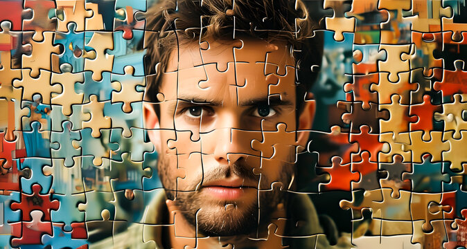 Portrait of a young man, assembled from puzzles. Each puzzle shapes a person's face.