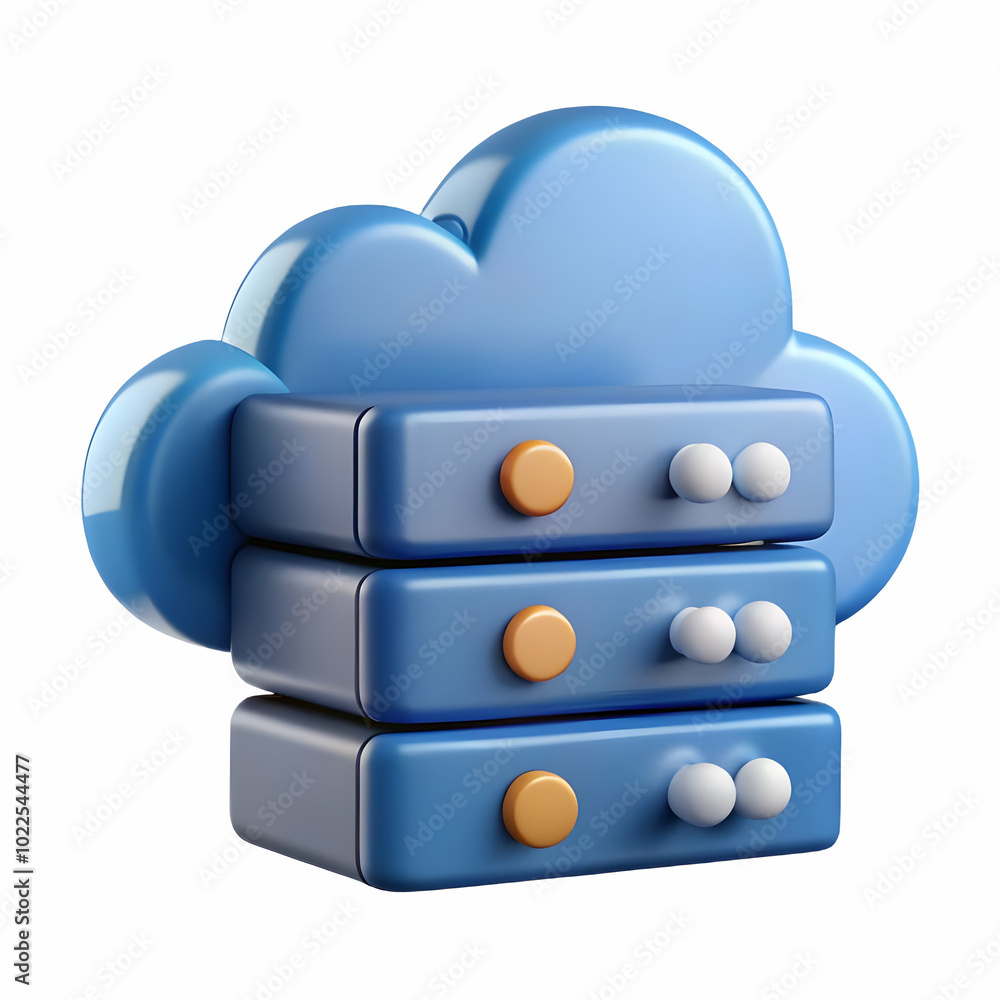 Poster glossy server racks with cloud icons: professional photo concept showcasing cloud infrastructure dev