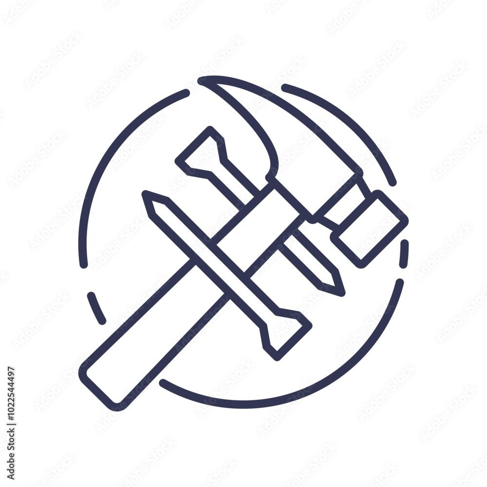 Poster line art of hammer and chisel symbolizes craftsmanship and precision.