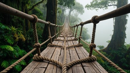  natural suspension bridge, crafted from weathered wooden planks and thick, twisted ropes with intricate knots, evoking a sense of sturdiness and adventure.