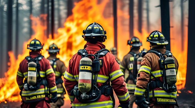 A fire brigade on the background of a burning forest. extinguishing forest fires.