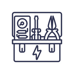 Toolbox with pliers, screwdriver, and meter symbolizing electrical expertise.