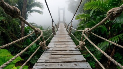 Fototapeta premium natural suspension bridge, crafted from weathered wooden planks and thick, twisted ropes with intricate knots, evoking a sense of sturdiness and adventure.