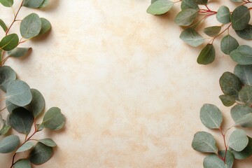 Eucalyptus leaves frame on textured beige background