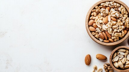 A variety of nuts displayed in wooden bowls on a light background.