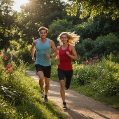 "A young, attractive couple joyfully running together outdoors on a sunny day. 