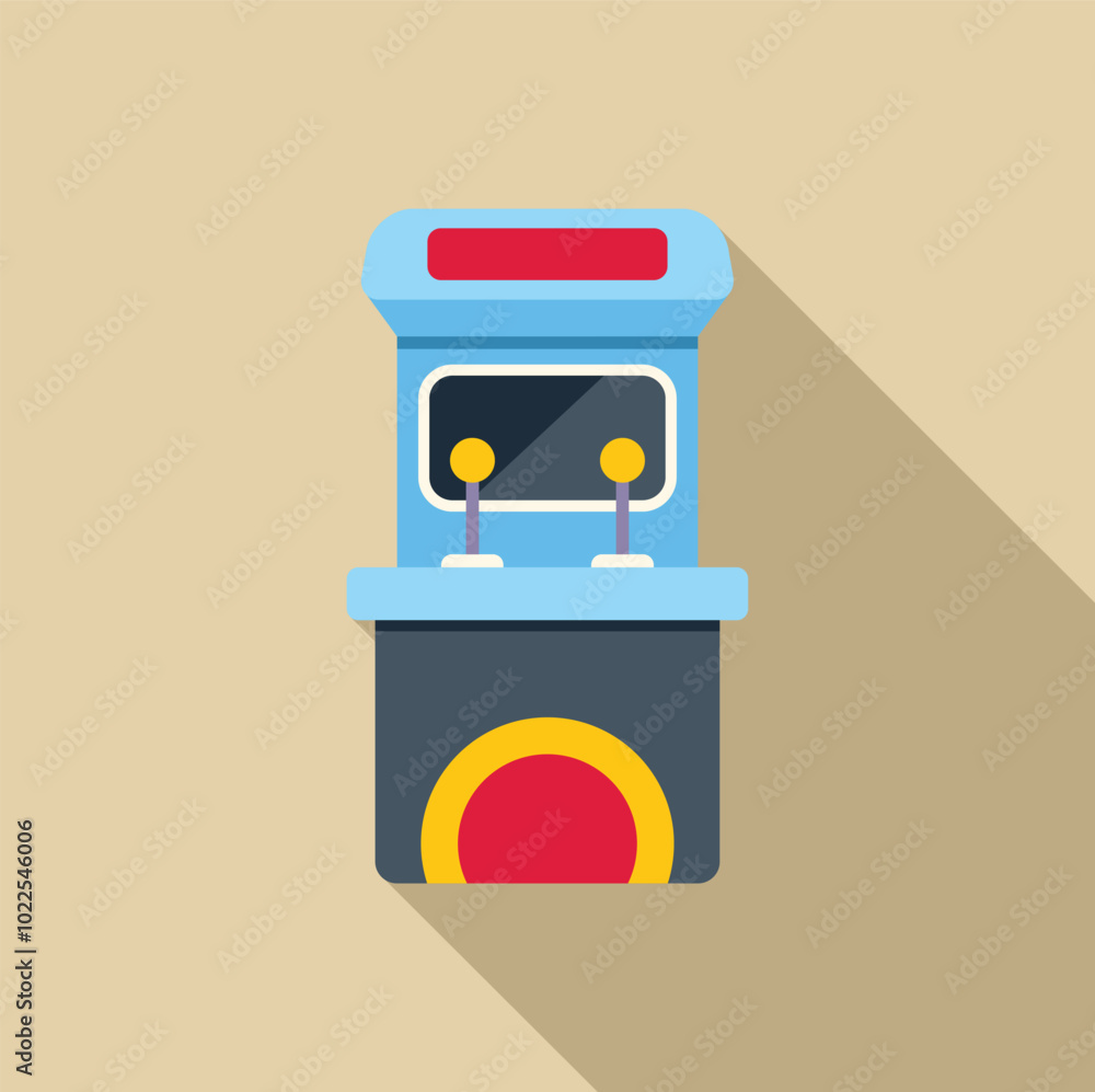 Poster two players standing arcade game machine with joysticks, screen, illuminated buttons and coin insert
