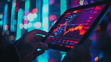 Hands holding a digital tablet displaying stock market data