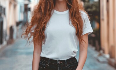 close-up of woman with long red hair wearing white blank t-shirt mockup in street