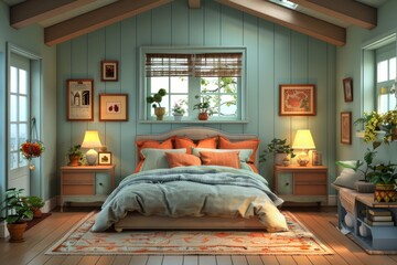 Cozy bedroom with soft pillows and warm lighting.