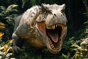Obraz premium Fierce dinosaur roaring in lush jungle setting