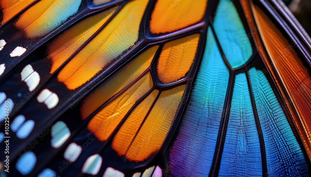 Poster Vibrant Macro Close-up of a Butterfly Wing Displaying a Spectrum of Iridescent Colors and Delicate Veins