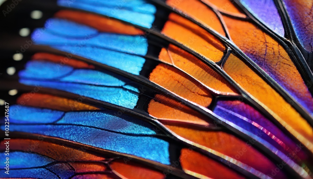 Poster Vibrant Macro Close-up of a Butterfly Wing Displaying a Spectrum of Iridescent Colors and Delicate Veins